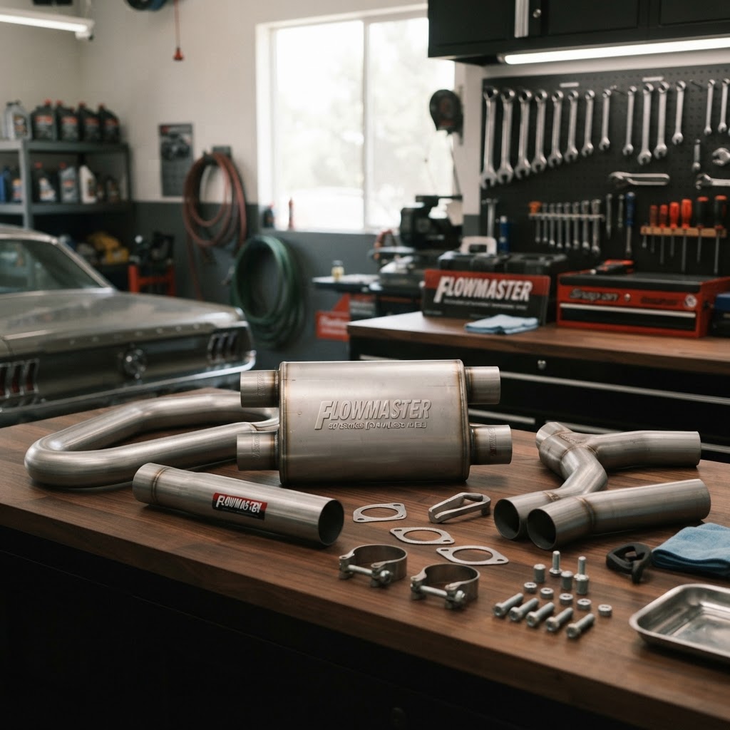 A row of polished Flowmaster mufflers lined up on a workbench