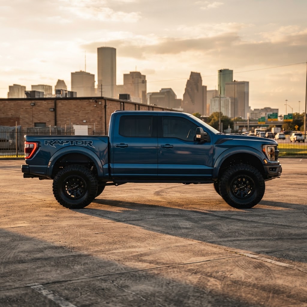A lifted truck with retracted power steps