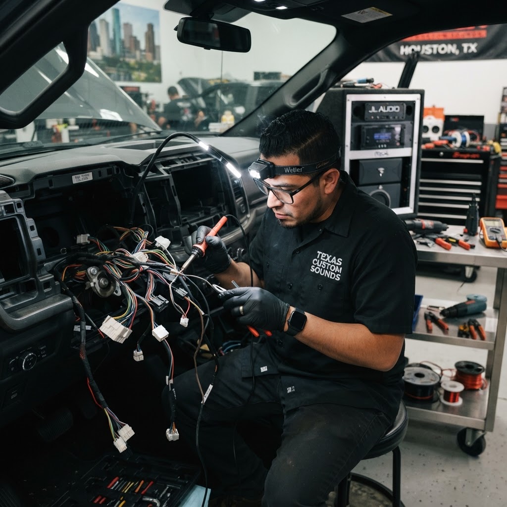 Mechanic working on truck dashboard wiring