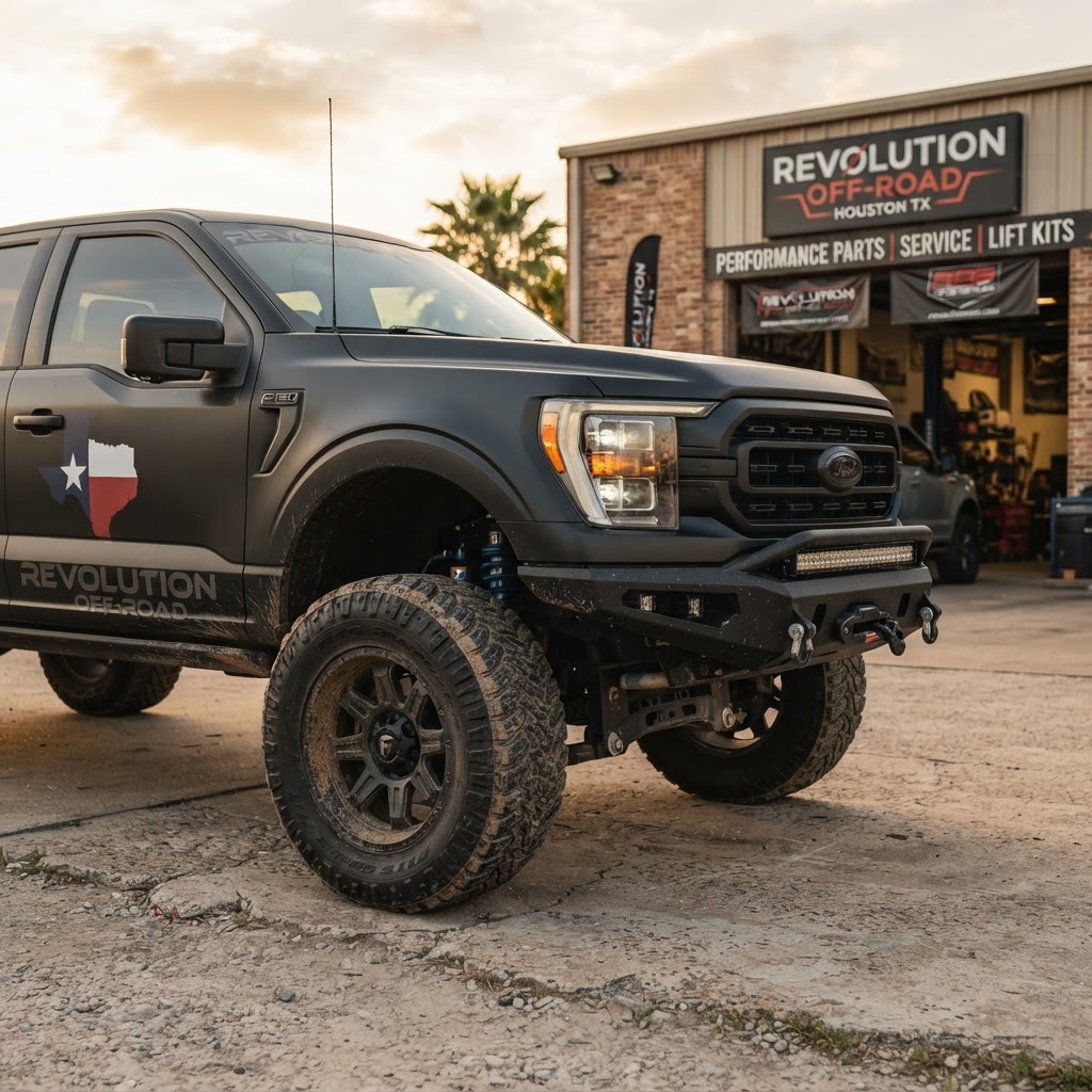 Close-up of a lifted F-150 on 37s