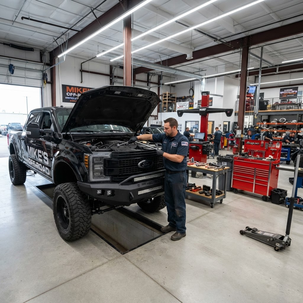 A technician working on a lifted truck in the spacious, modern Spectrum Outfitters workshop