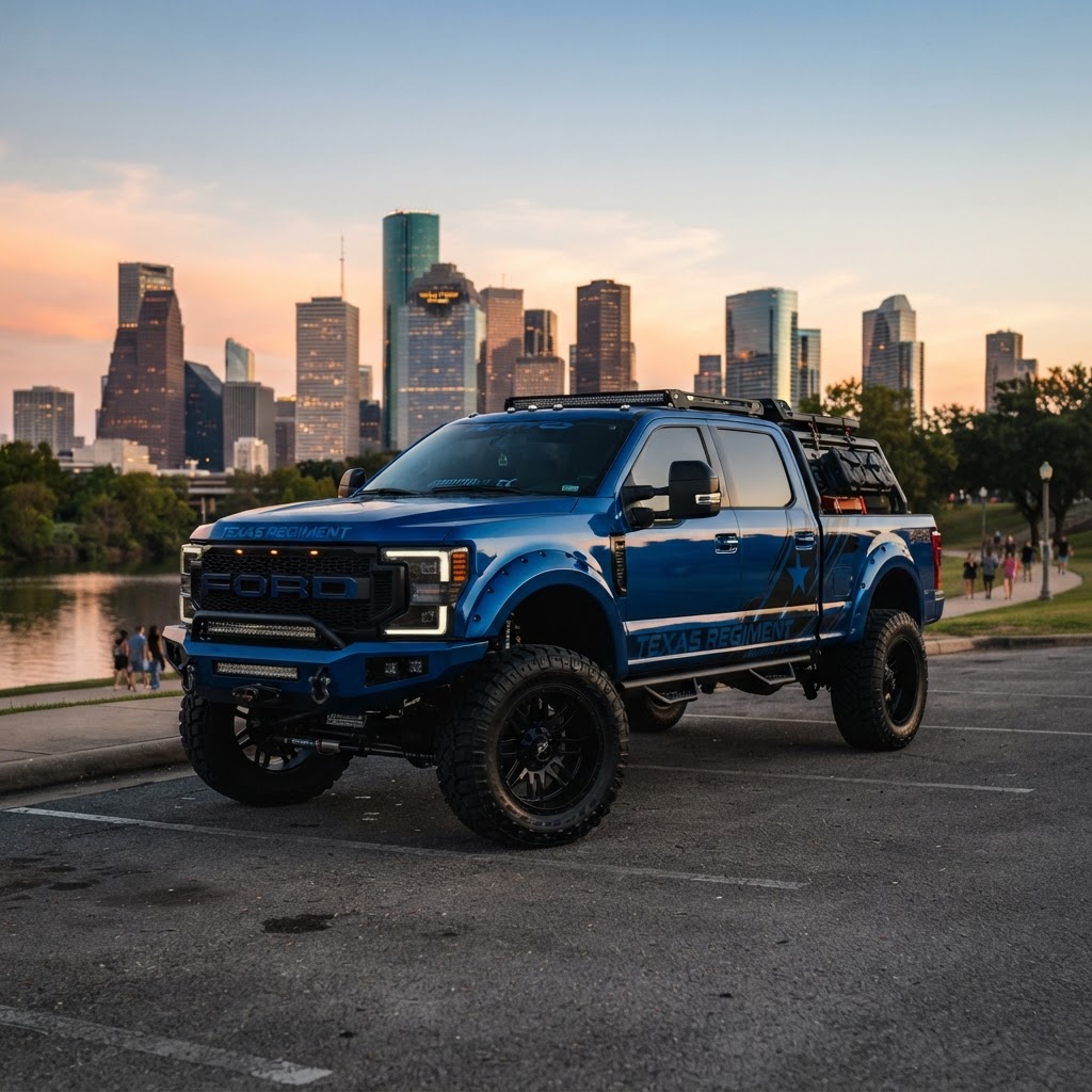A finished lifted truck in a city landscape