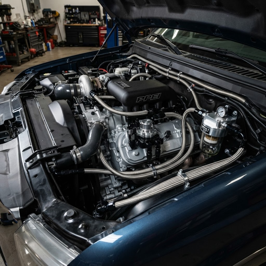 Custom truck engine bay with performance fuel lines