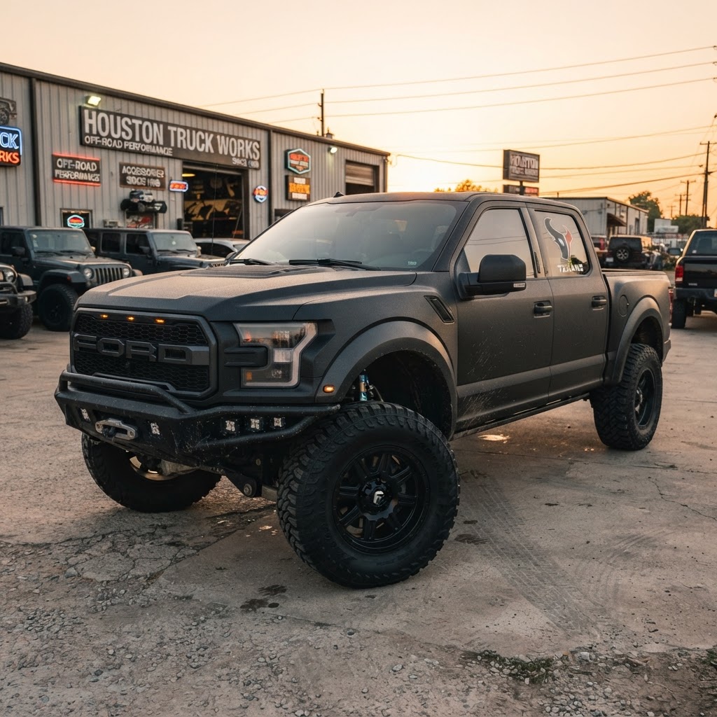 Close-up of a lifted F-150 on 37s