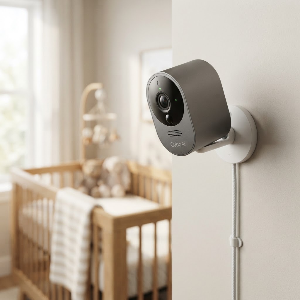 A sleek smart baby camera mounted on a modern nursery wall