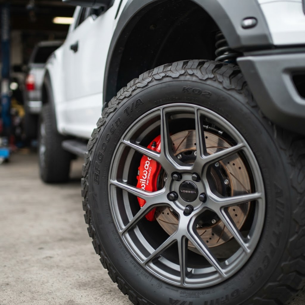 Close-up of a high-performance brake caliper and clean rim
