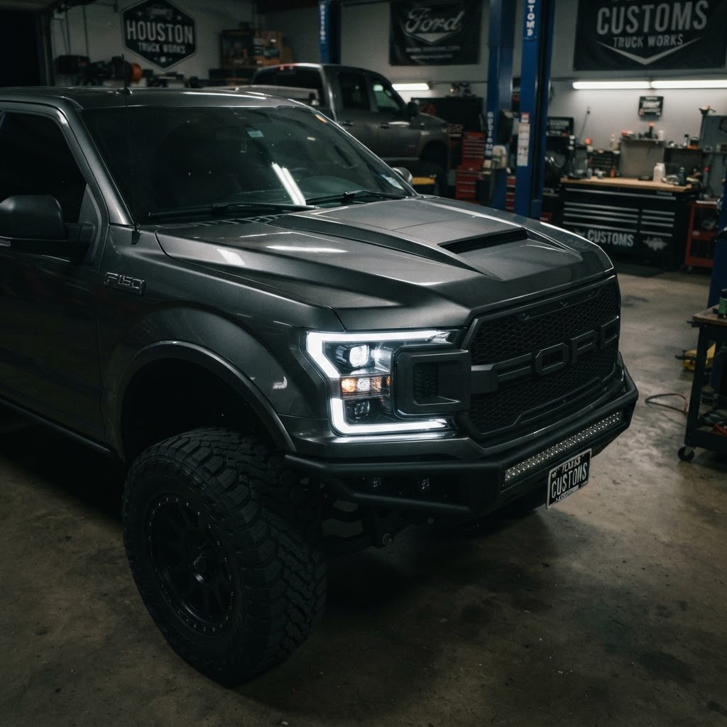 Aggressive LED headlight upgrade on a lifted truck