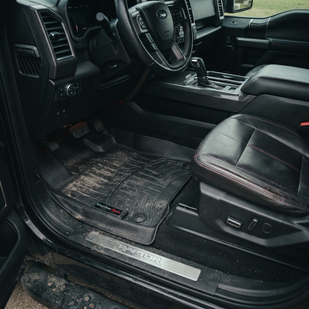 A rugged, lifted truck interior featuring pristine WeatherTech FloorLiners
