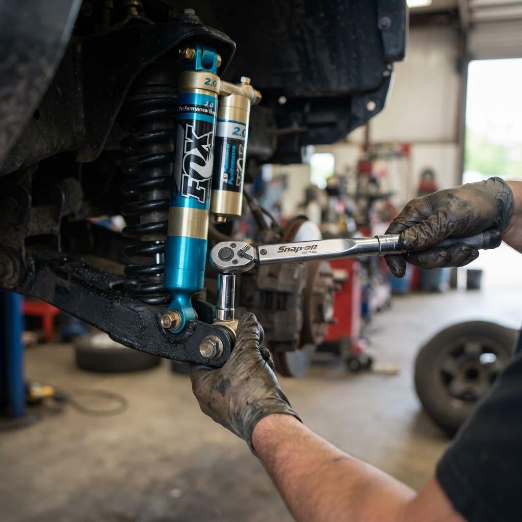 Close-up detail of a FOX 2.0 shock absorber being installed by a certified technician at Spectrum Outfitters.