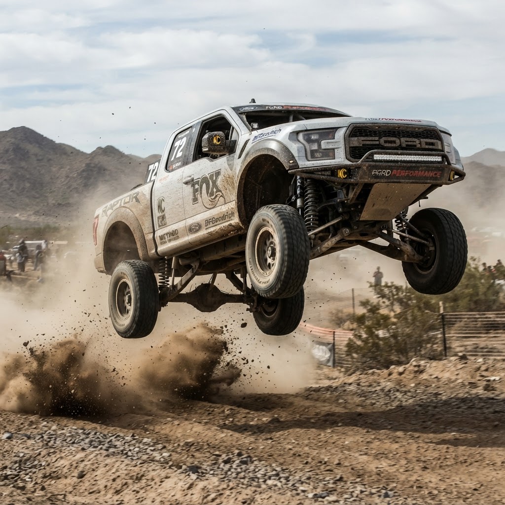 A Ford F-150 tackling a dirt berm with visible suspension travel