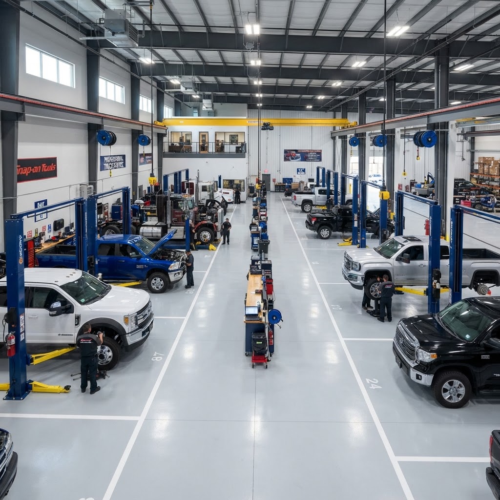Interior view of a spacious, high-end auto shop with multiple bays and organized tools on the walls