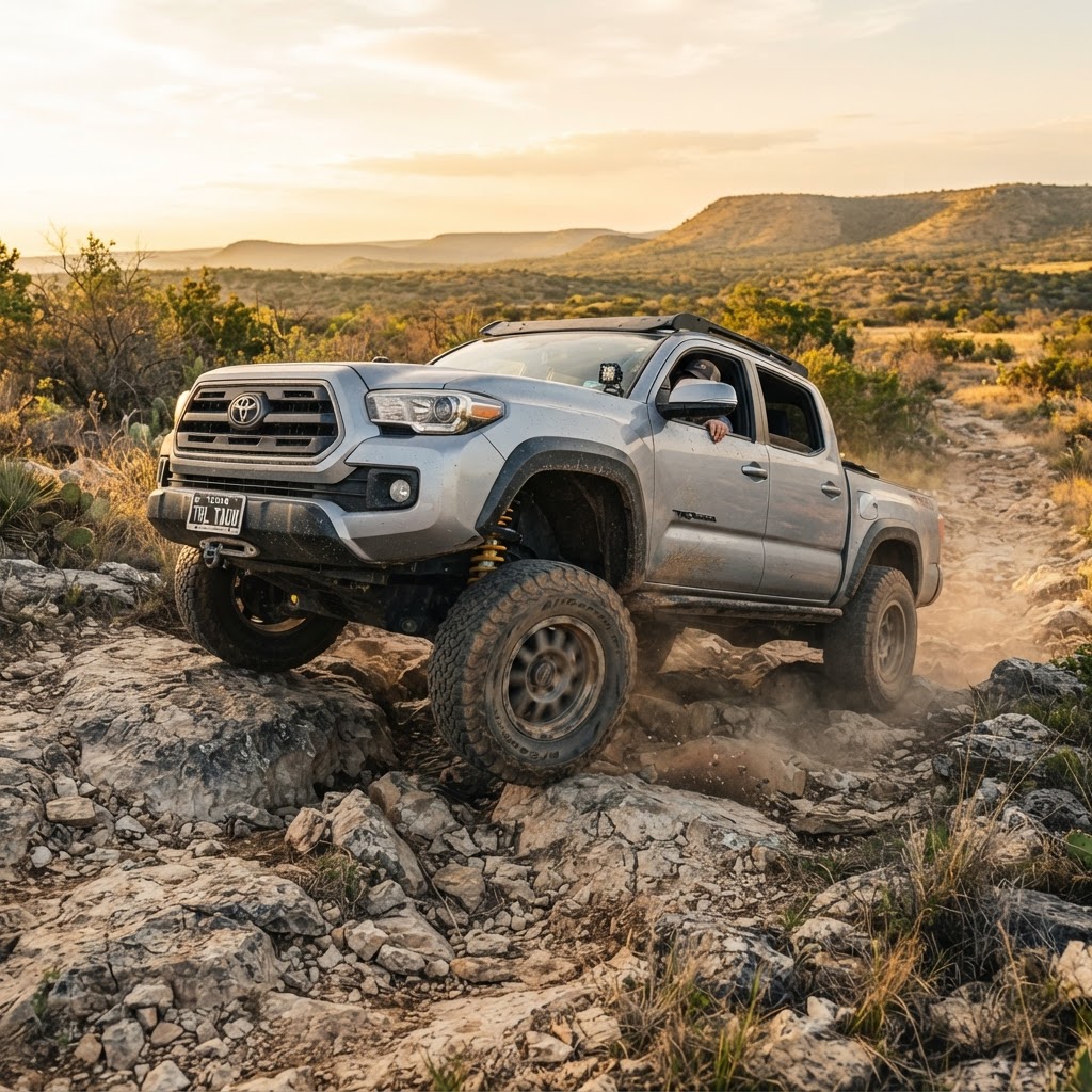 A rugged Toyota Tacoma flexed out on an off-road trail with upgraded suspension components visible