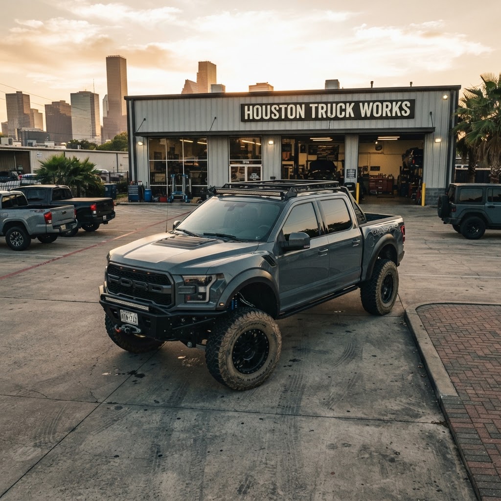 A aggressive Ford F-150 Raptor equipped with BFGoodrich KO2 tires parked outside the Spectrum Outfitters shop under the bright Houston sun. The truck is sitting on custom wheels with the white letter branding of the tires catching the light, reflecting the high-performance aesthetic of the build.