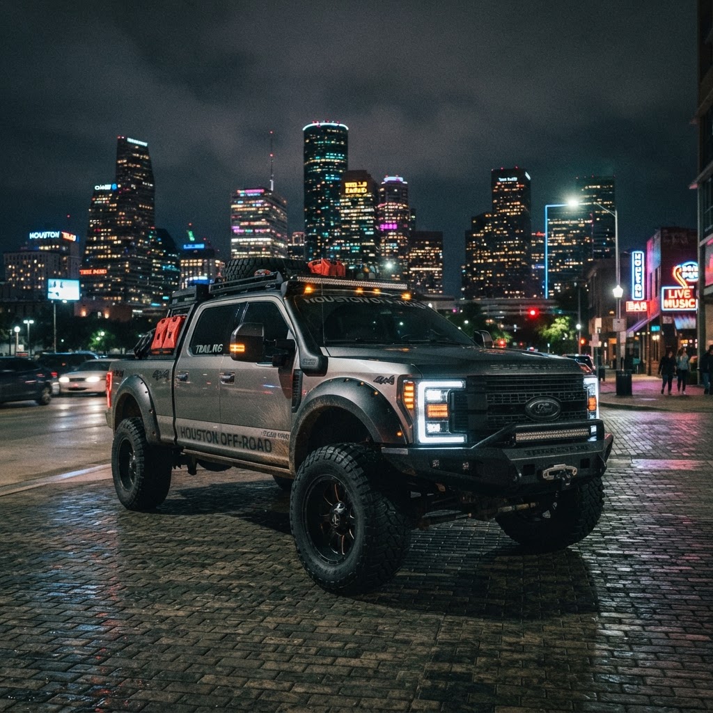 Customized truck parked in front of a Houston skyline