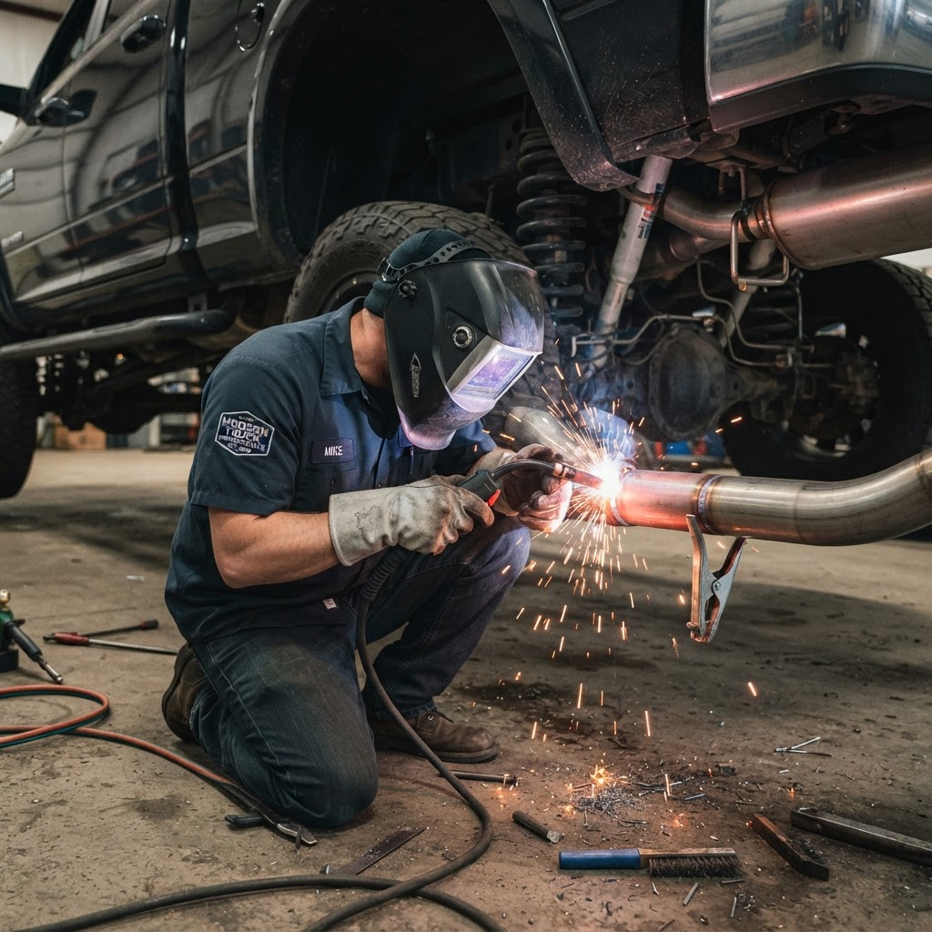 A technician welding a custom Flowmaster exhaust onto a lifted Silverado