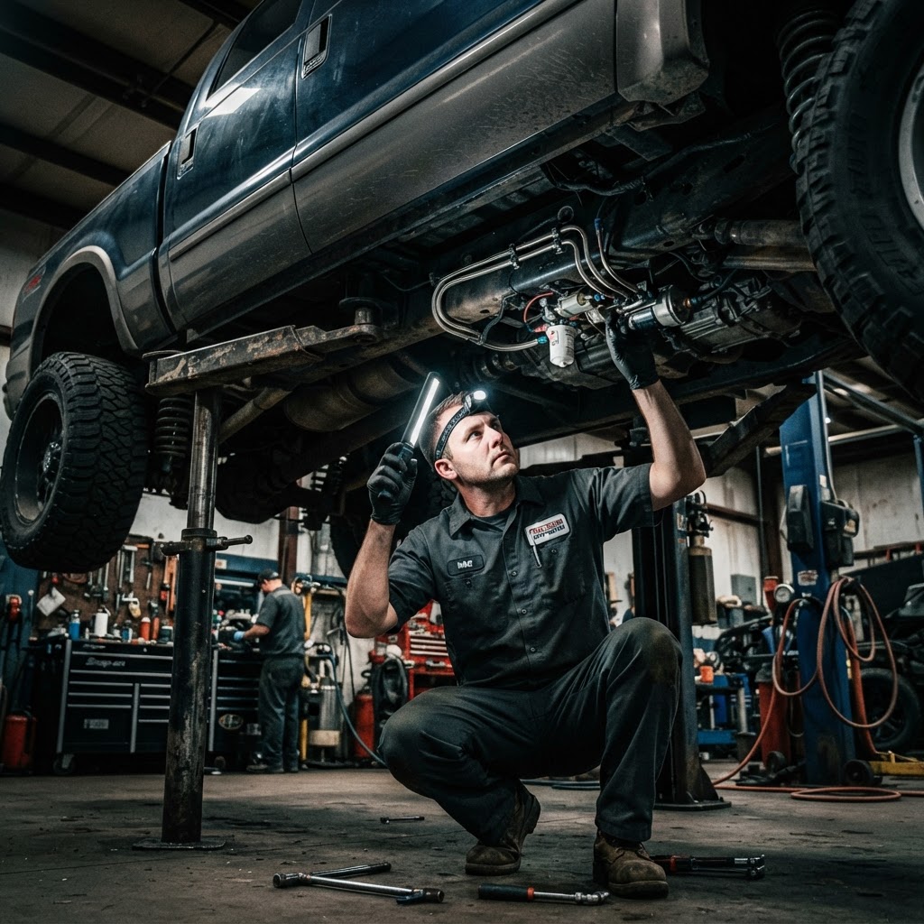 Mechanic inspecting fuel lines under a truck