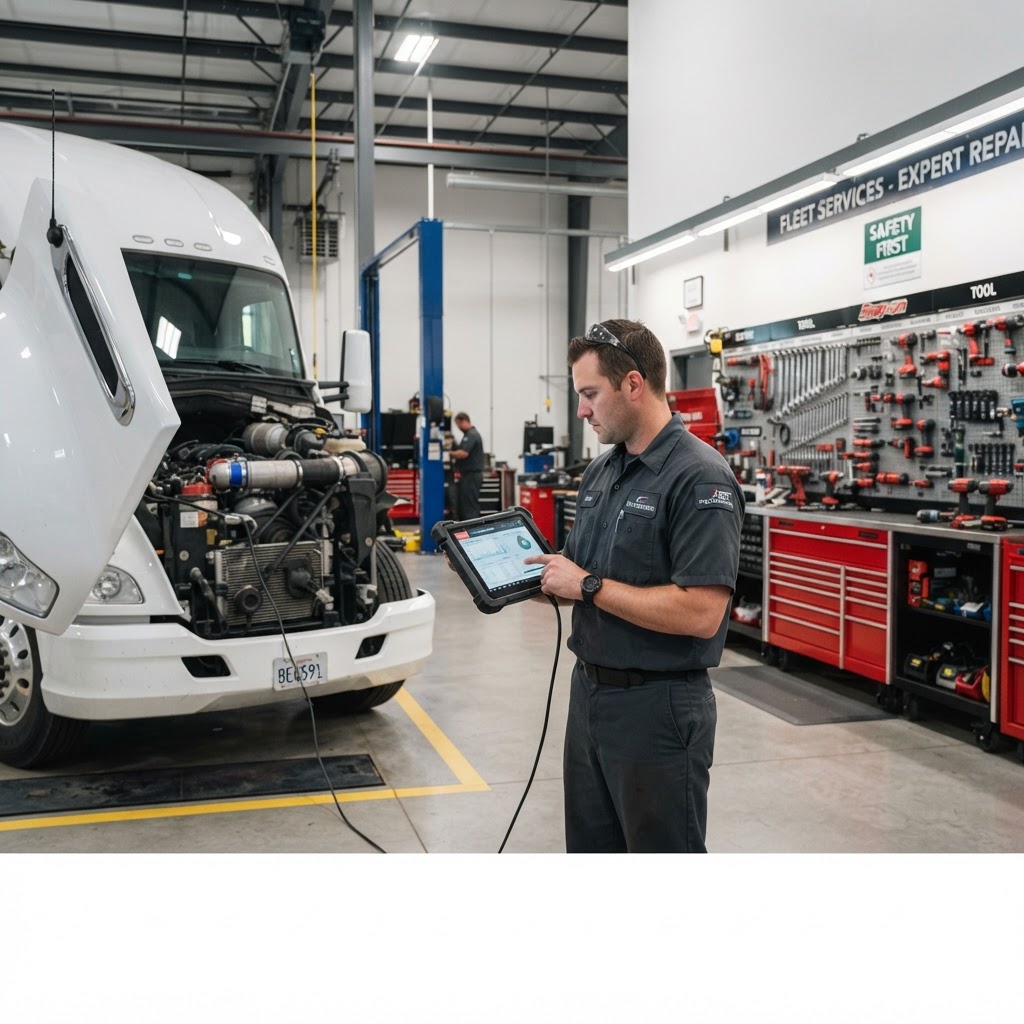 Technician inspecting a truck engine