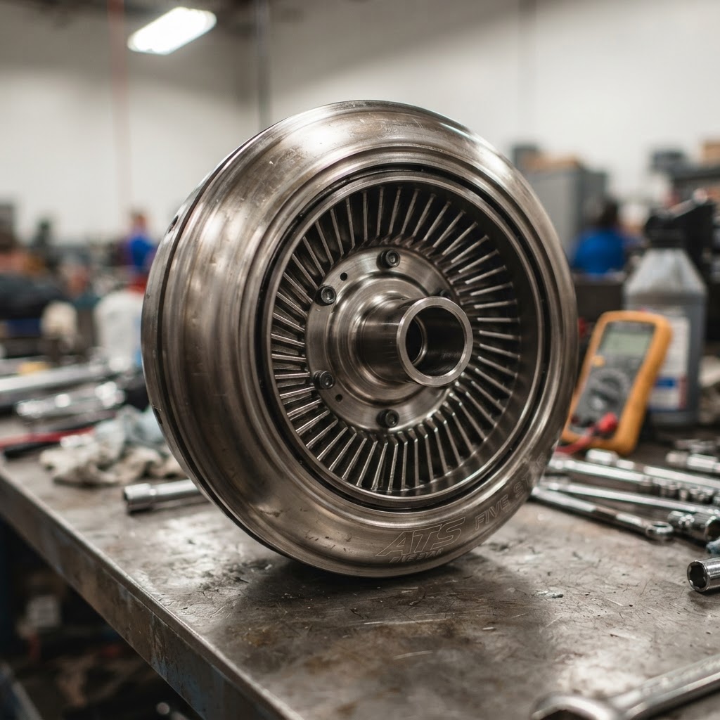 A close-up of a high-performance ATS torque converter with fluid-assist technology
