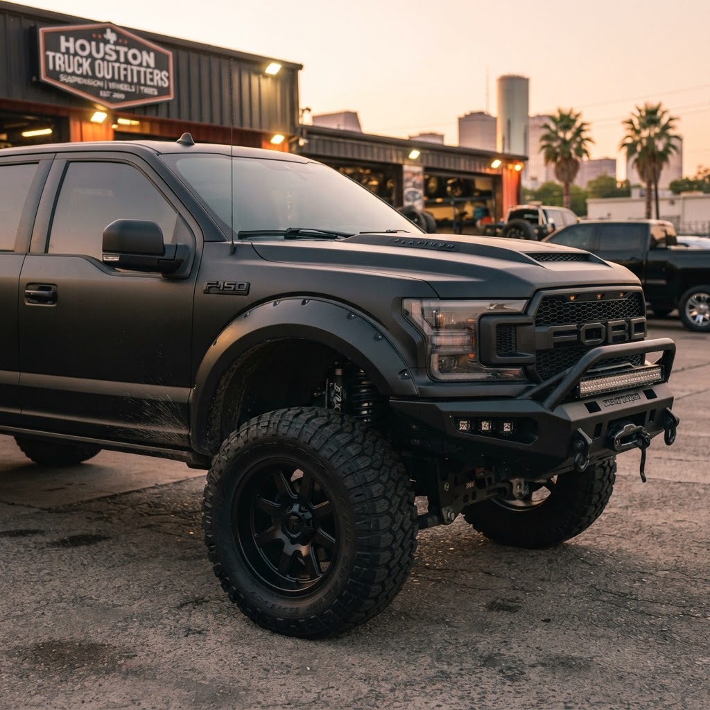 Close-up of a lifted F-150 on 37s