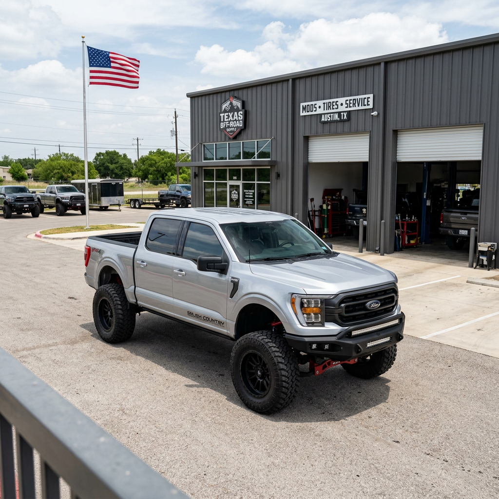 A lifted silver Ford F-150 parked in front of the Spectrum Outfitters shop