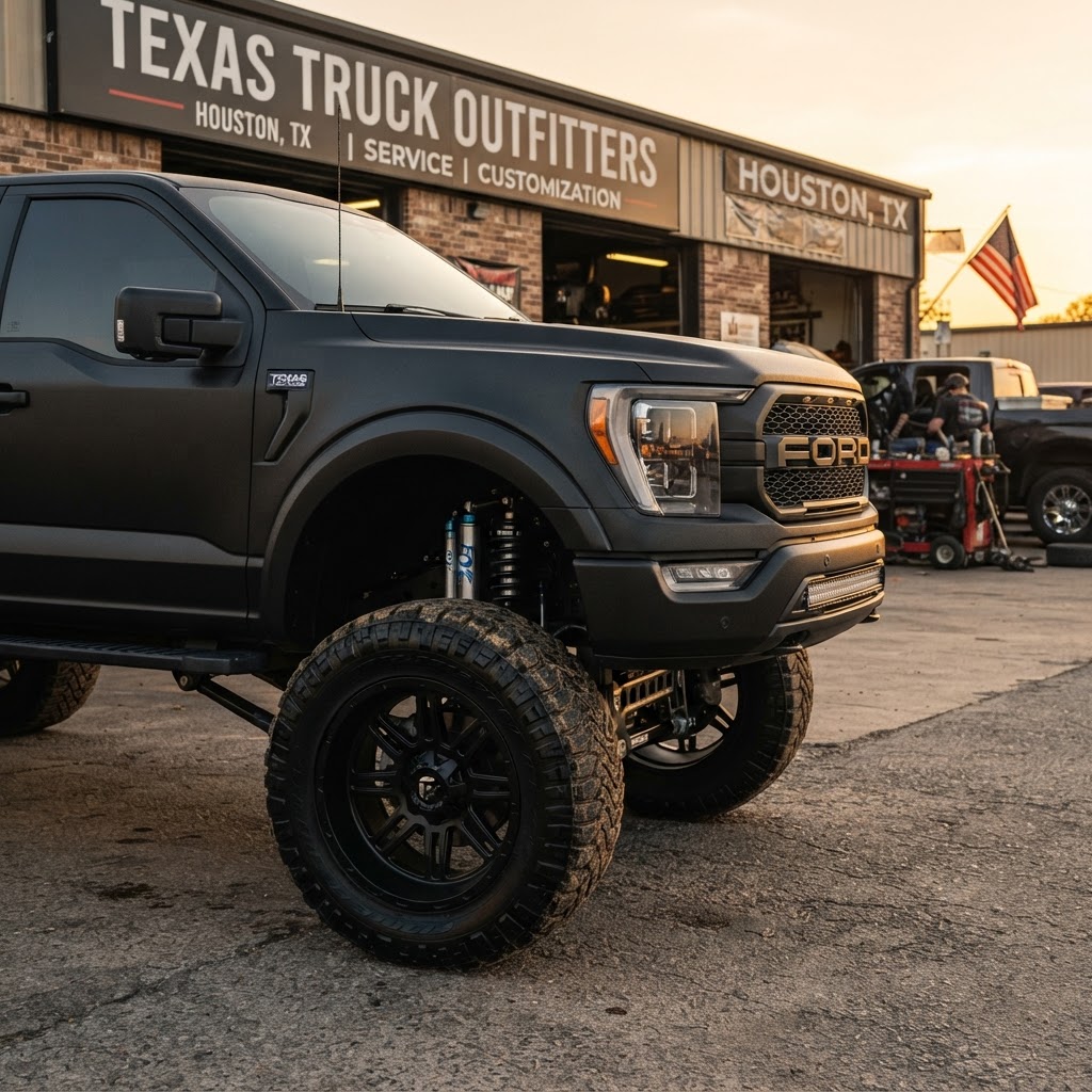 Close-up of a lifted F-150 on 37s