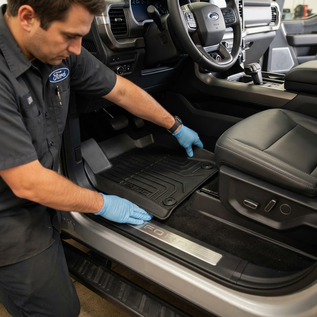 Mechanic installing custom floor liners
