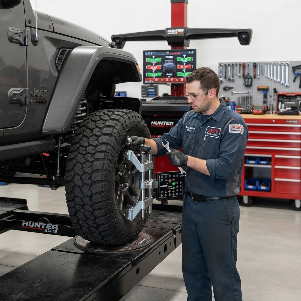 A technician using a laser alignment tool on a lifted truck in a modern automotive shop