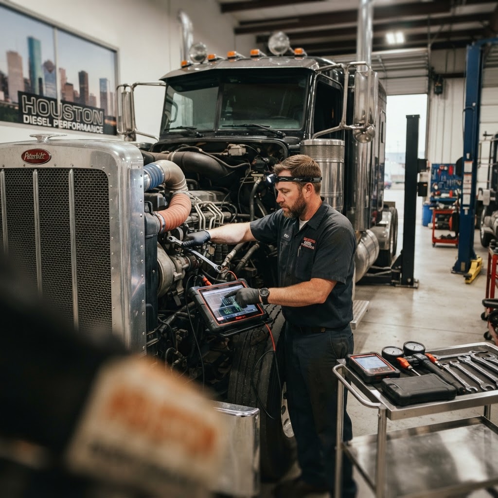 Mechanic working on a truck fuel system