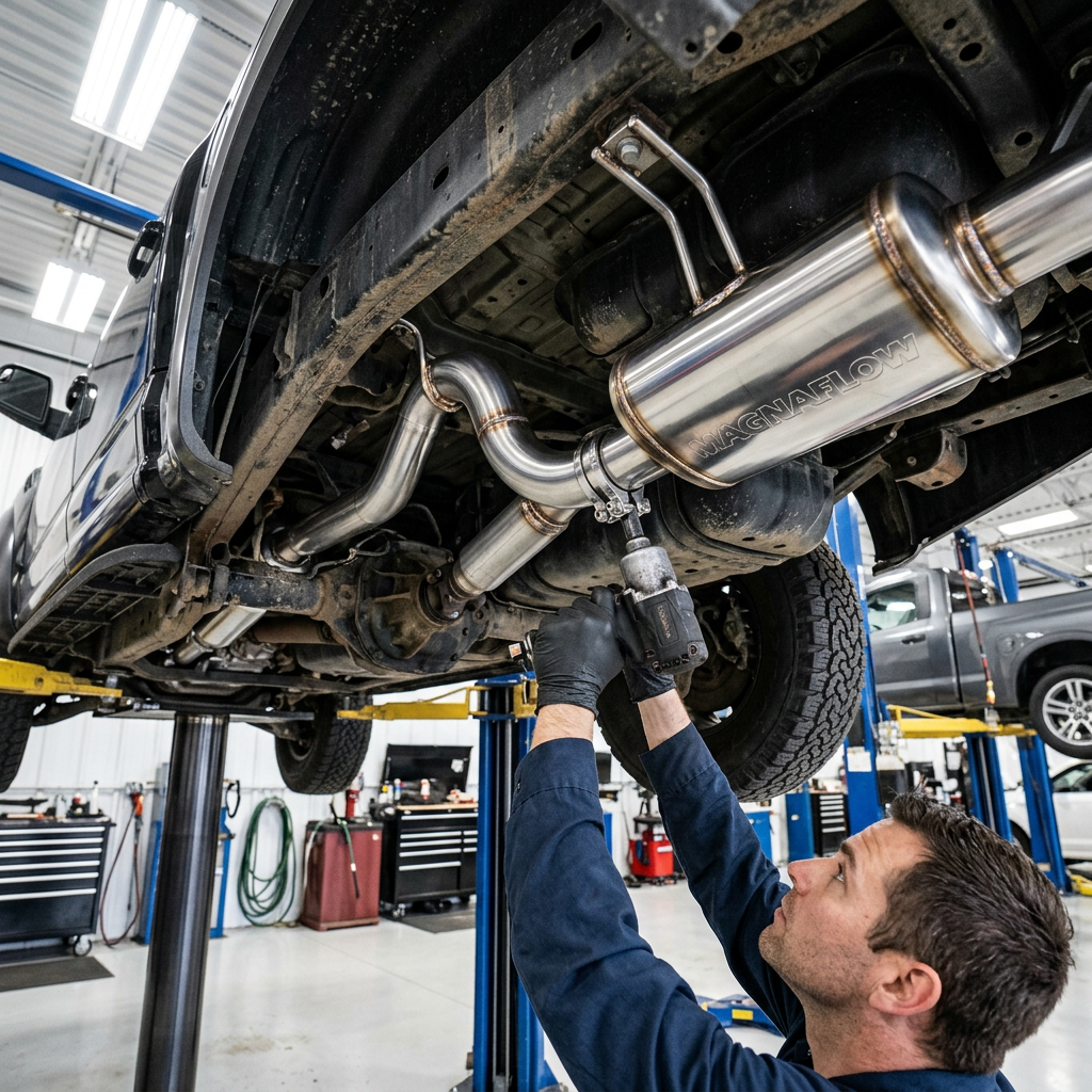 Aggressive custom truck exhaust setup on a lift