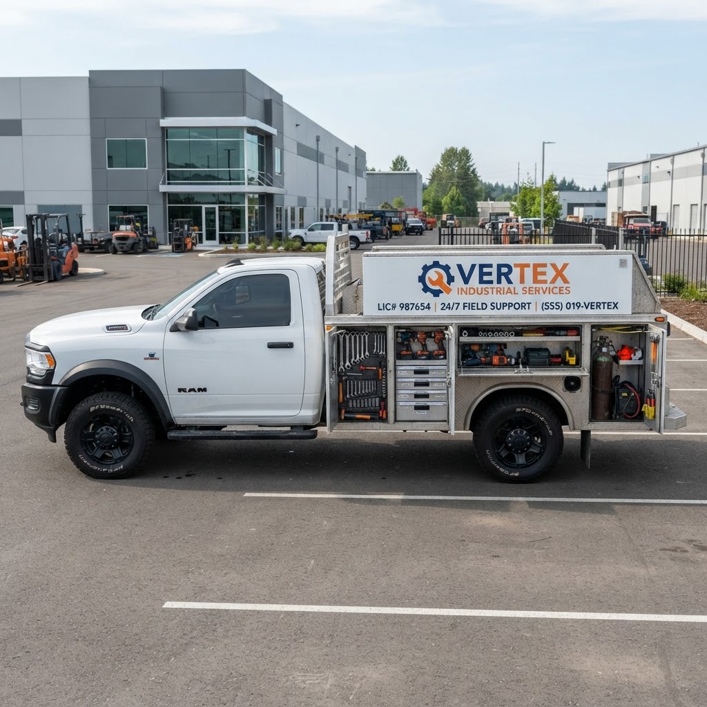 A custom service truck featuring an aluminum utility bed with external locking tool cabinets
