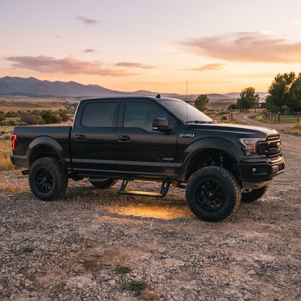 A lifted Ford F-150 with AMP Research PowerSteps deployed at a sunset job site