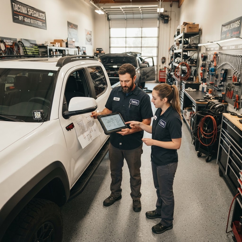 A group of expert technicians at Spectrum Outfitters reviewing a wiring schematic for a custom lighting installation on a Toyota Tacoma.