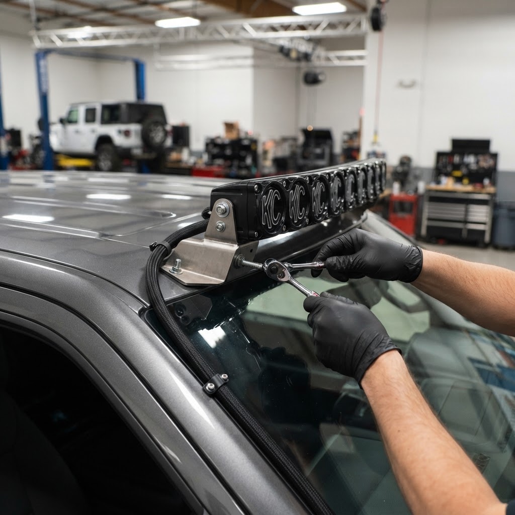 A clean, professional installation shot of a KC Pro6 light bar mounted on a rugged Ford F-150 pickup truck inside a high-end garage workshop.