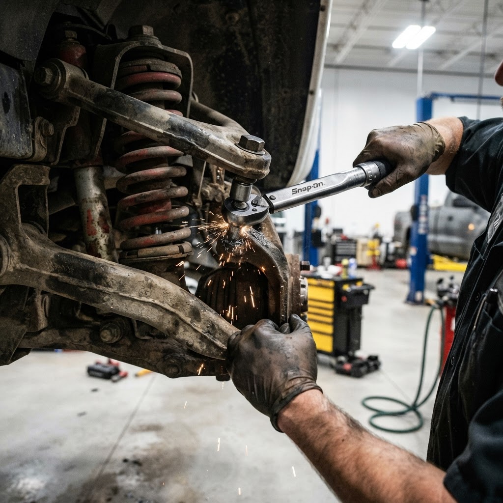 Mechanic working on a truck suspension in a professional shop