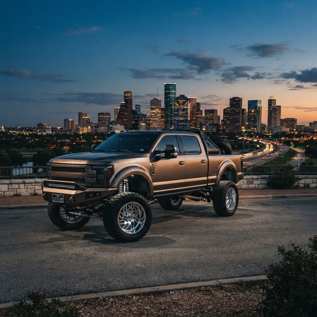 Custom truck parked in front of a Houston skyline