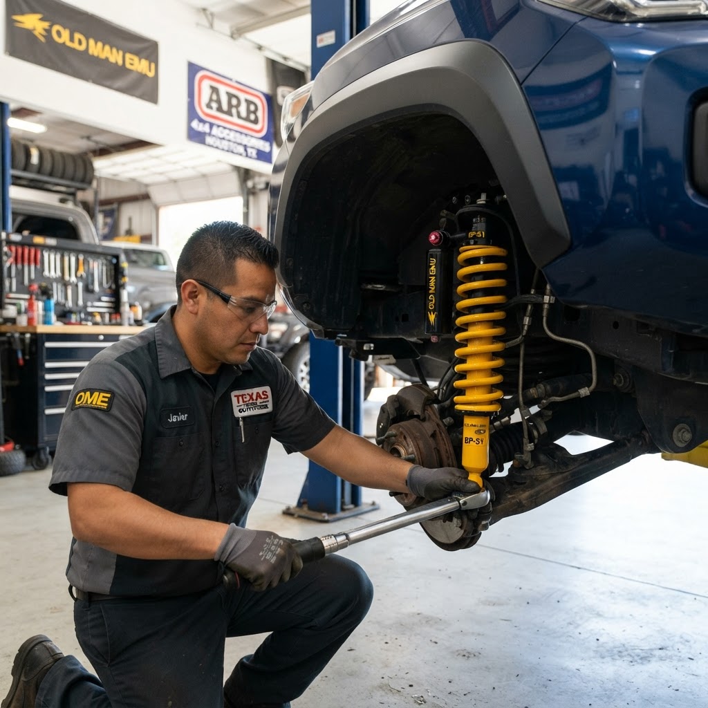 Mechanic installing suspension in a shop