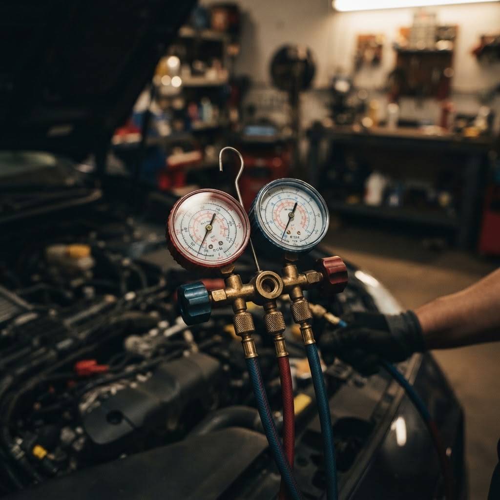 Close-up of AC manifold gauges