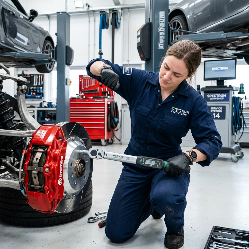 A mechanic meticulously installing a Brembo caliper in the Spectrum Outfitters shop