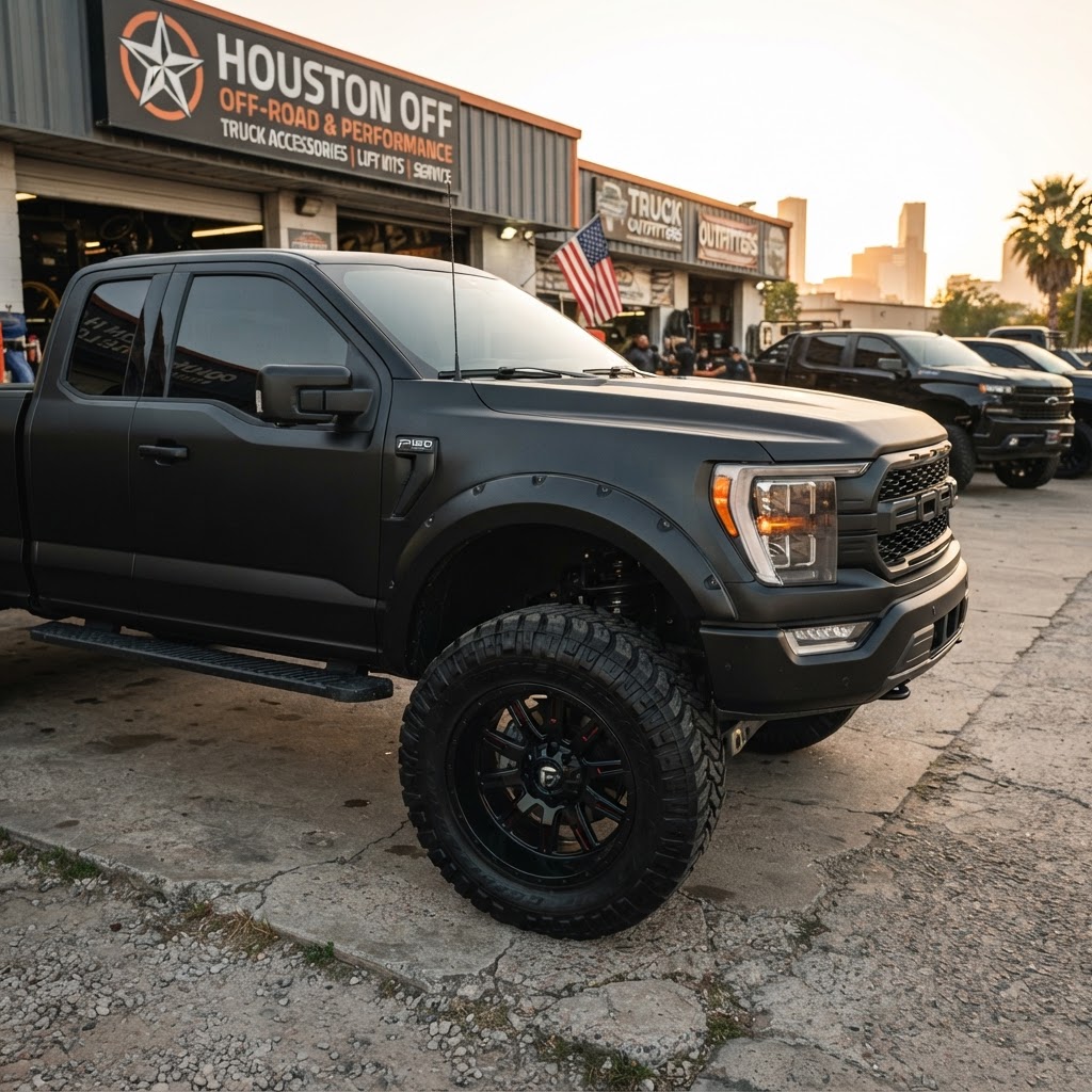 Close-up of a lifted F-150 on 37s