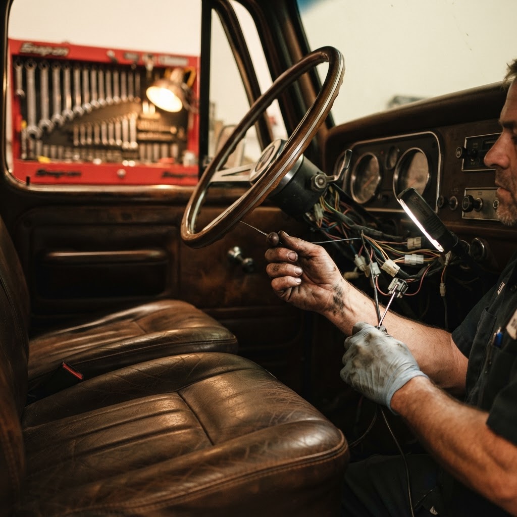 Mechanic working on a truck interior