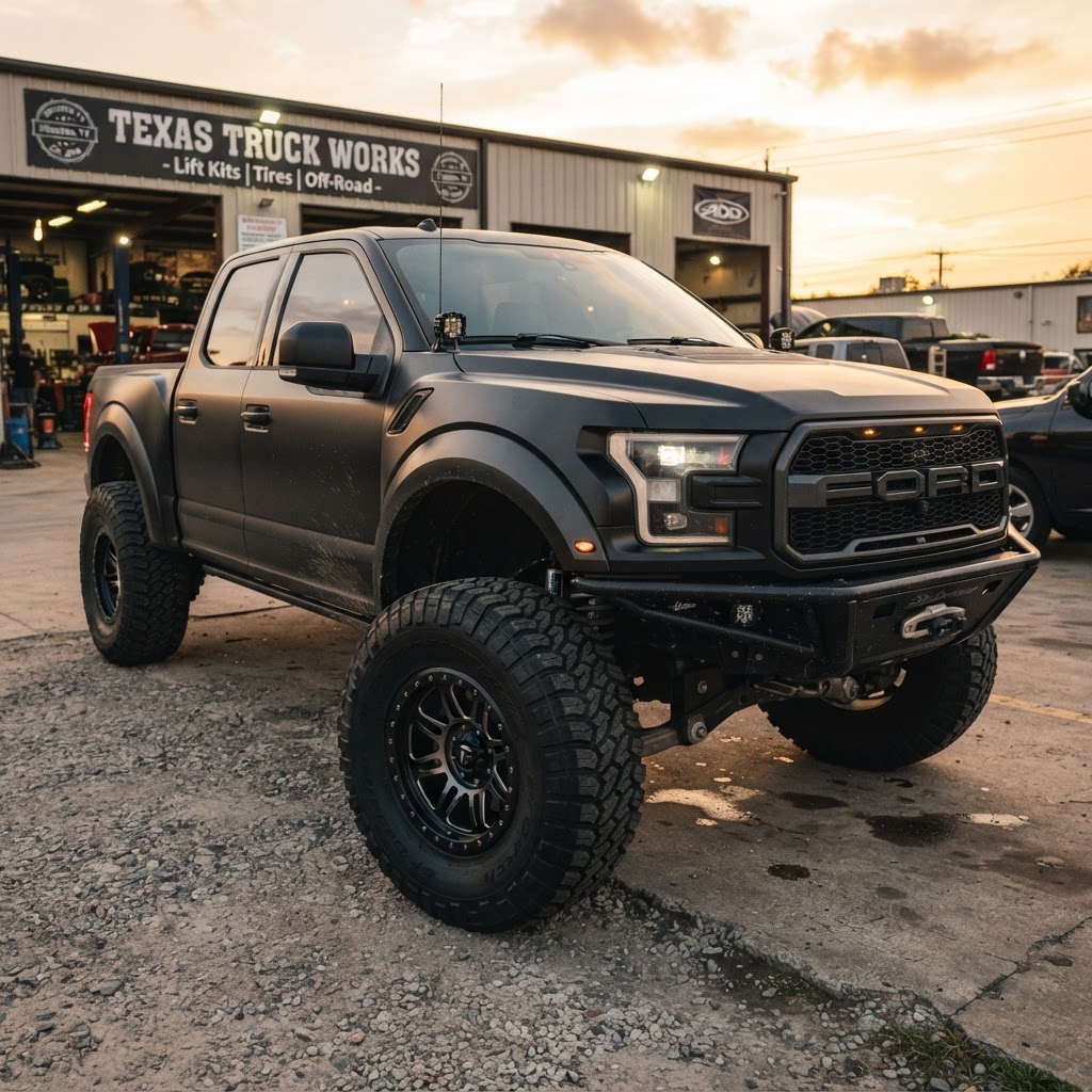 Close-up of a lifted F-150 on 37s