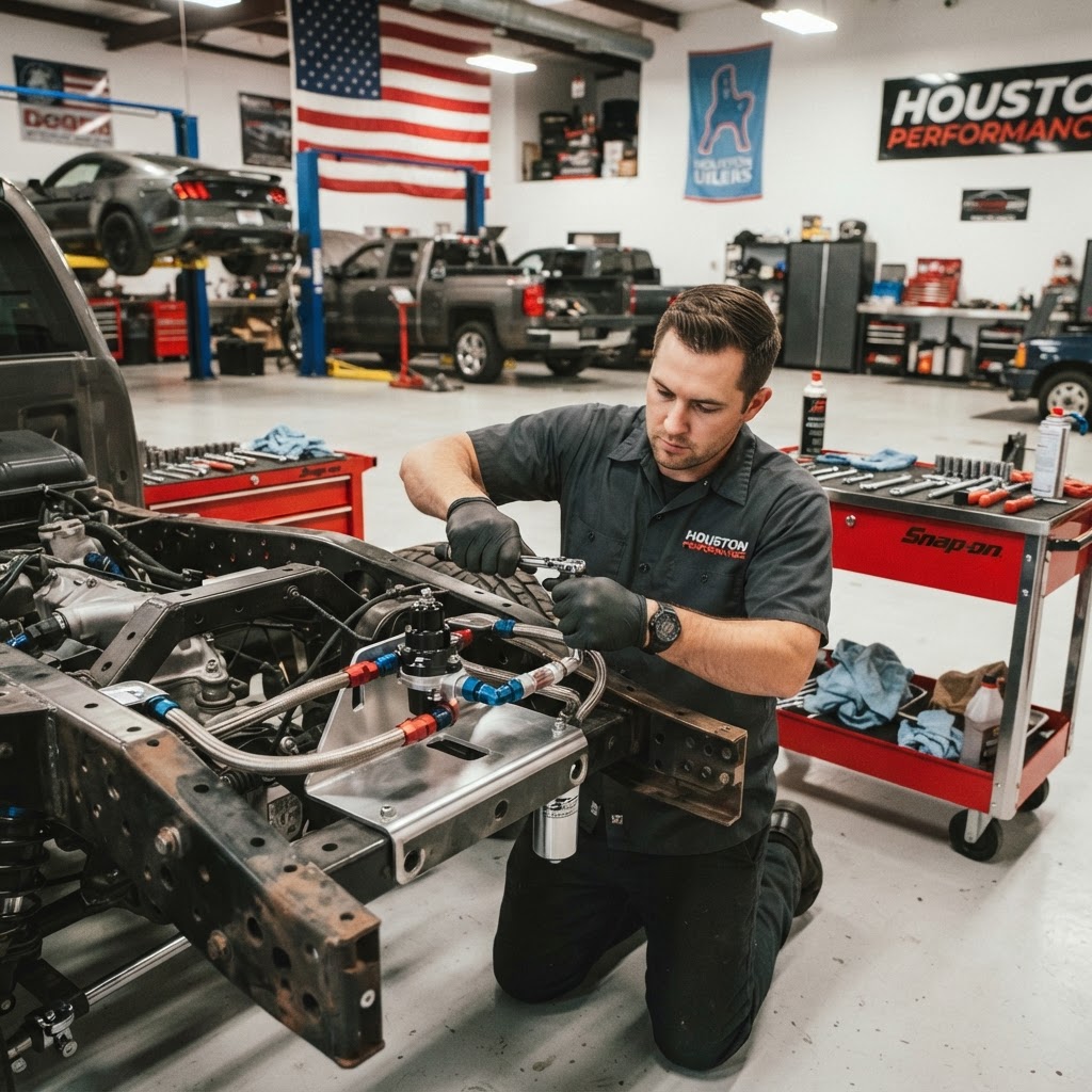 Mechanic working on a truck fuel system