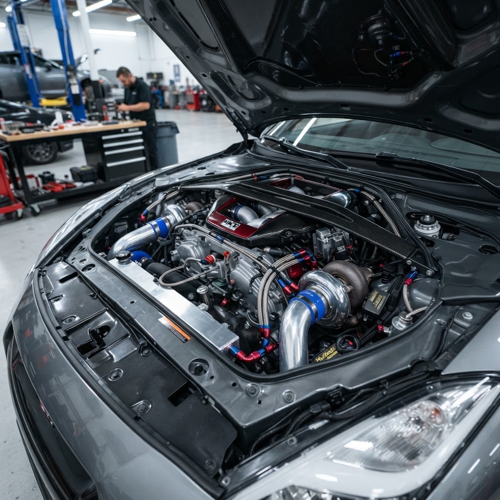 A clean and organized engine bay of a custom build