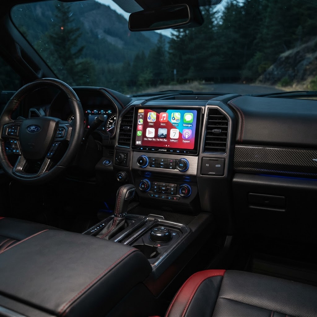 Close-up of a modern touchscreen head unit in a rugged truck interior