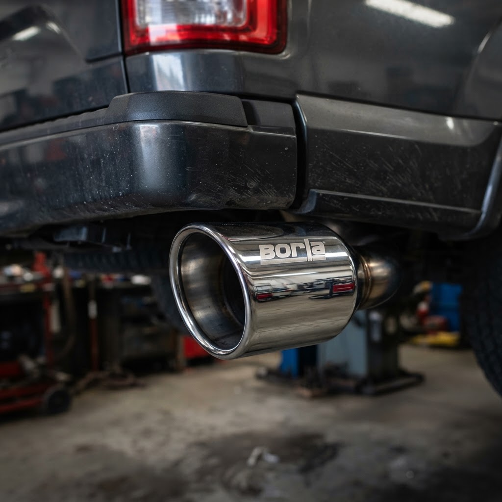 Close-up of a Borla ATAK exhaust tip showing the polished finish and the aggressive, wide-diameter design