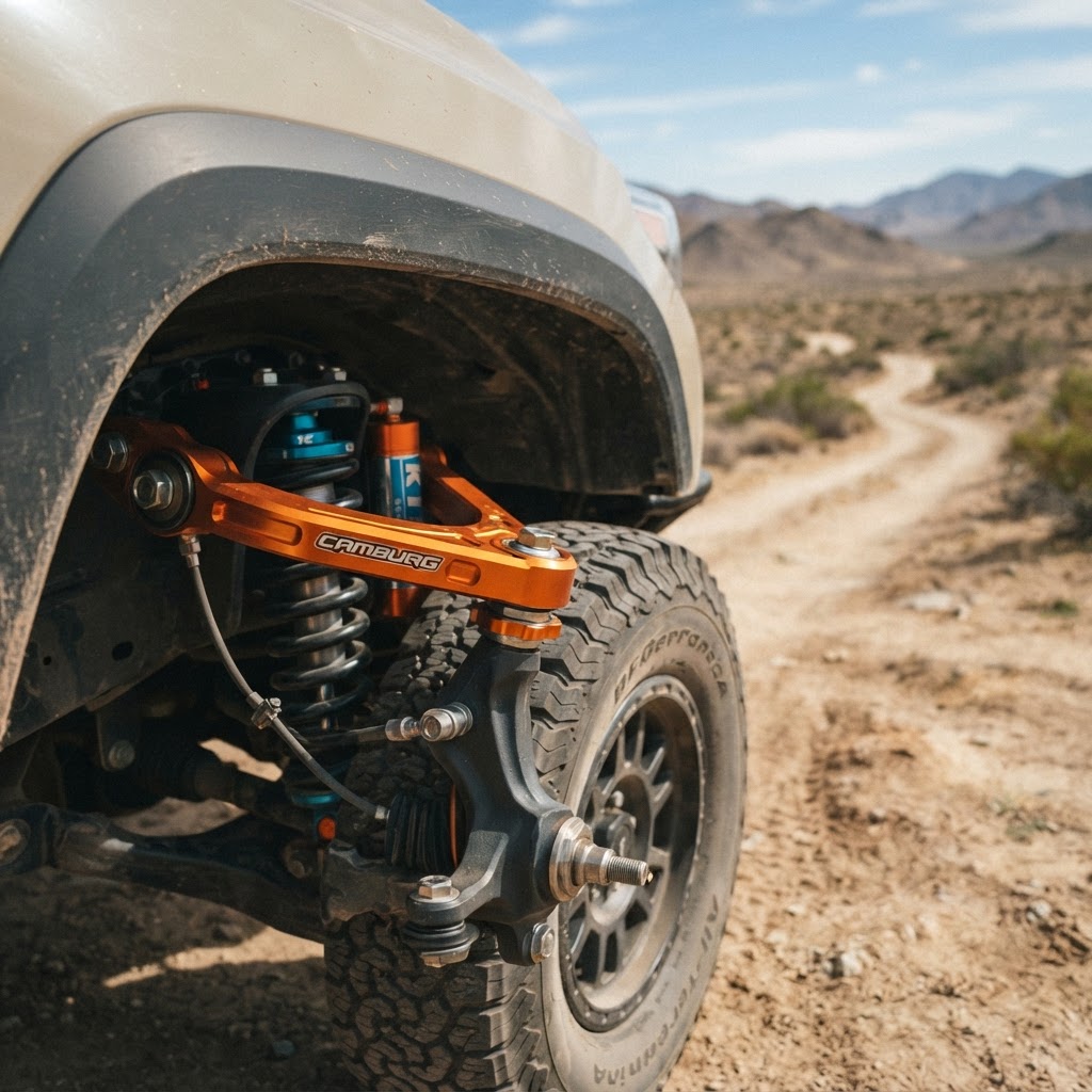 A close-up of a high-end Camburg billet control arm installed on a lifted Toyota Tacoma