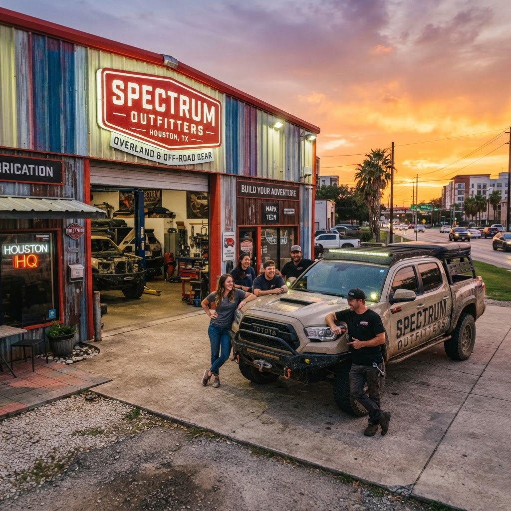 The Spectrum Outfitters team standing in front of their shop with a project truck on display