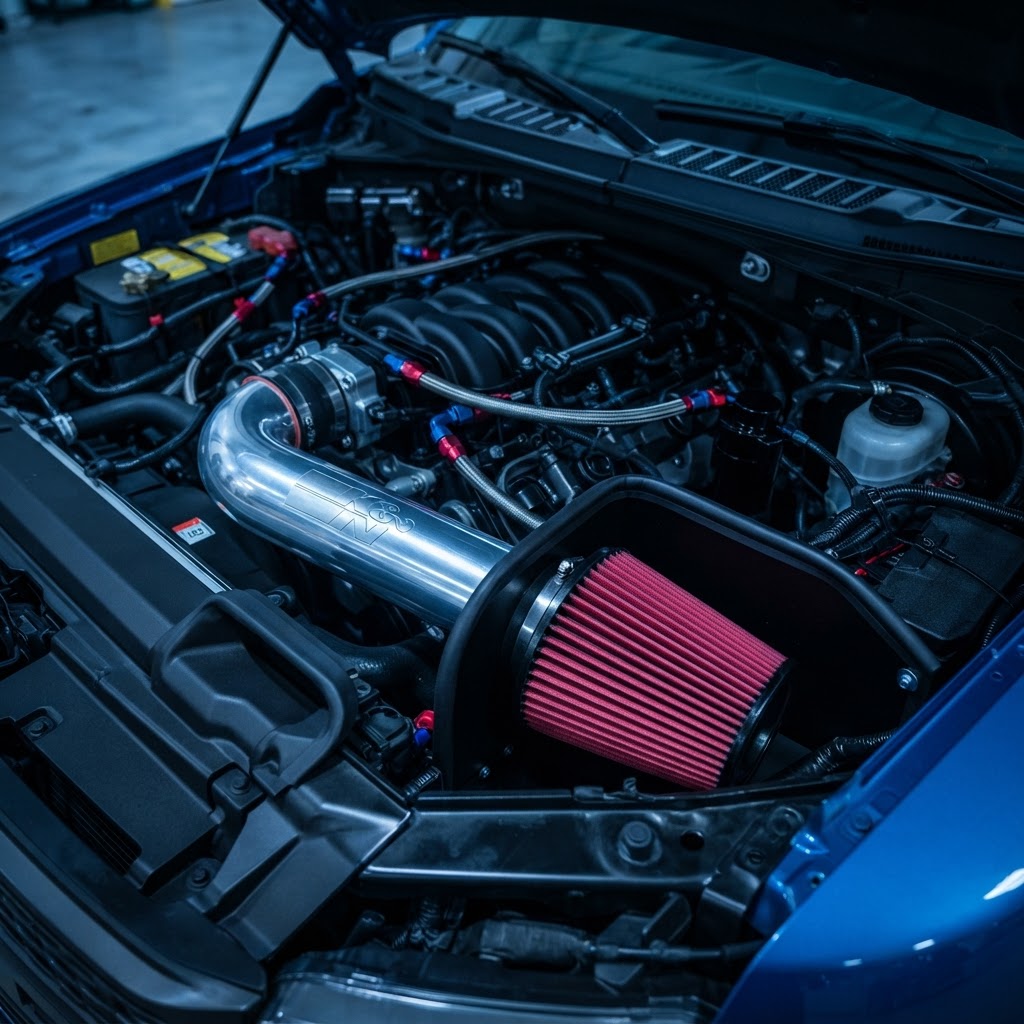 A close-up of a high-flow K&N intake system installed in a modern truck engine bay