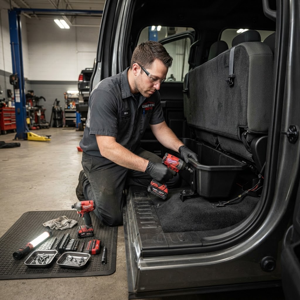 Mechanic installing a custom storage solution