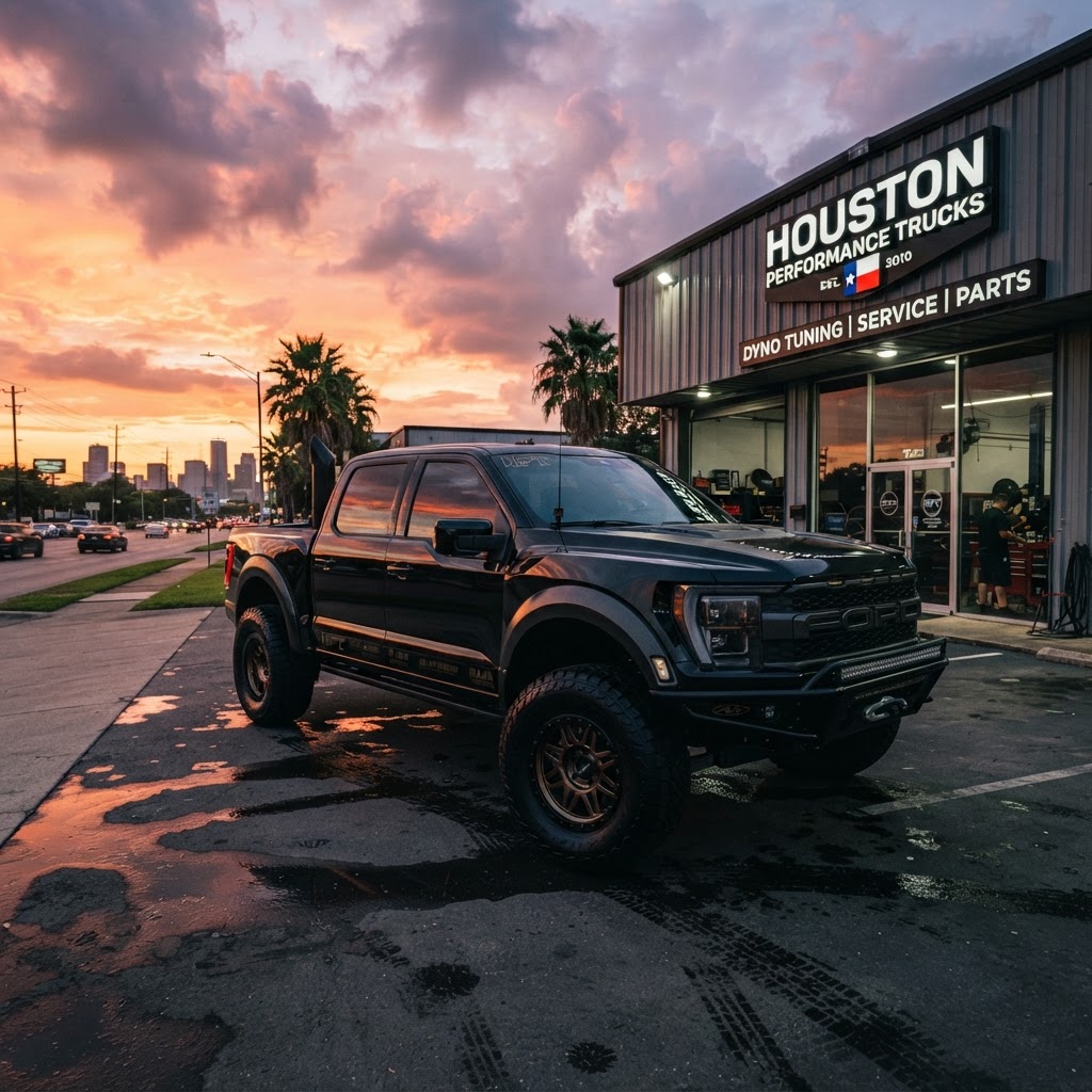 Custom truck parked at a Houston shop
